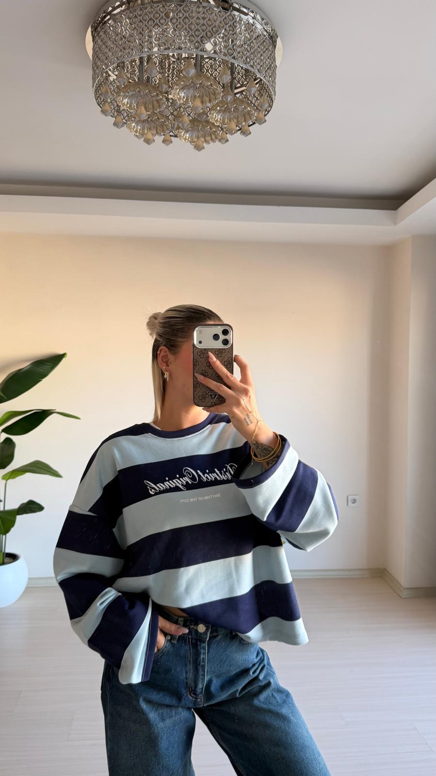 Çizgili Oversize Sweatshirt – Lacivert