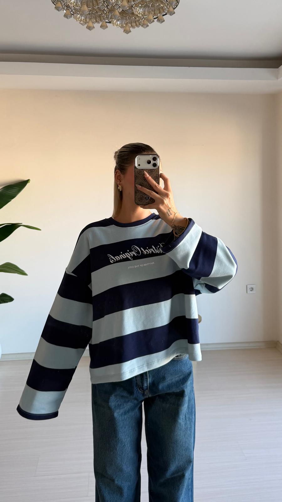 Çizgili Oversize Sweatshirt – Lacivert