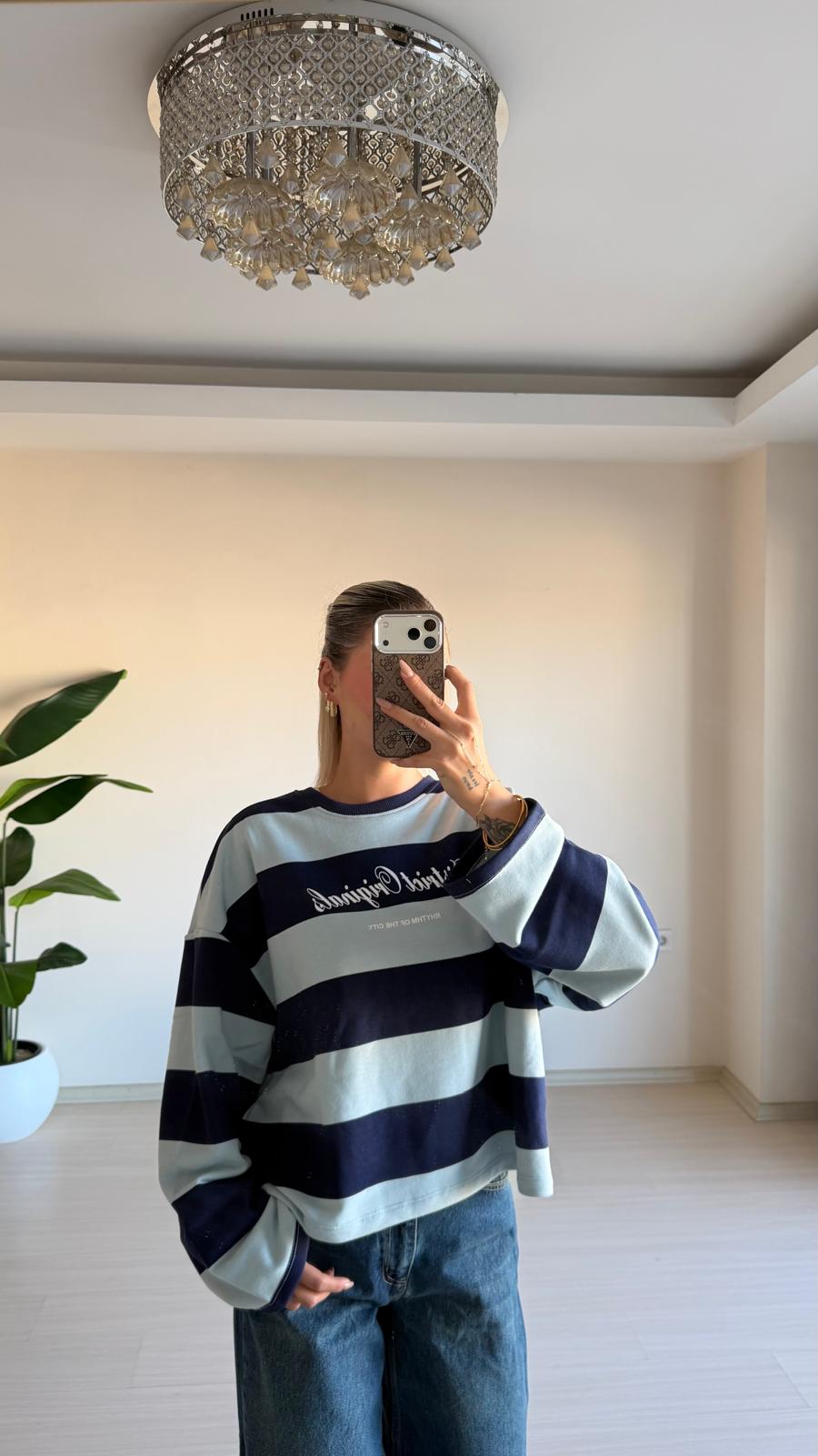 Çizgili Oversize Sweatshirt – Lacivert