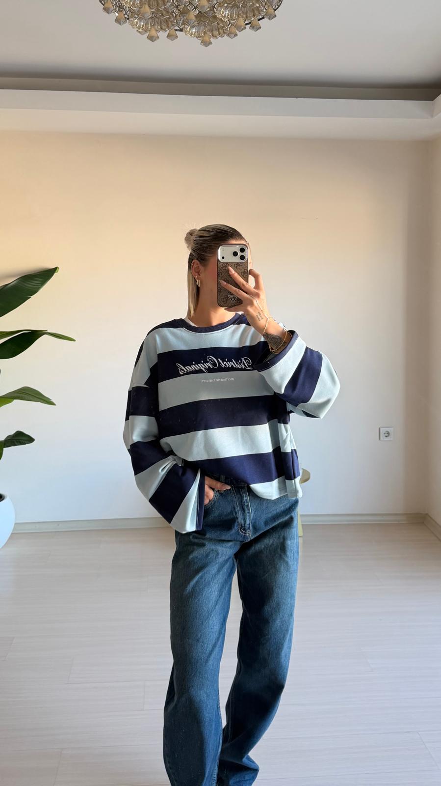 Çizgili Oversize Sweatshirt – Lacivert
