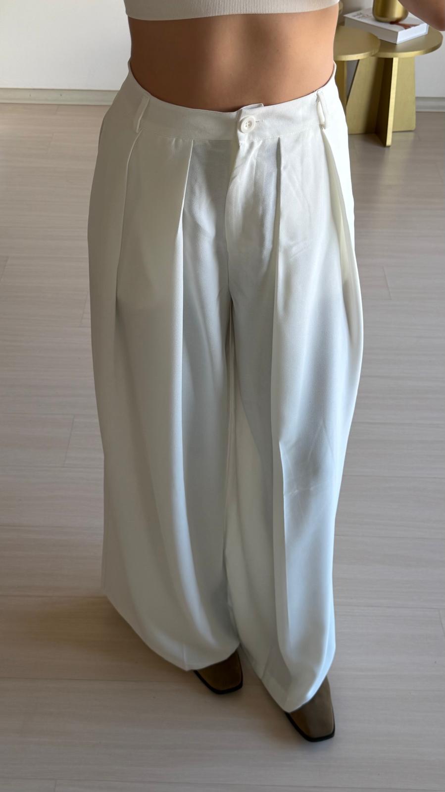 Yüksek Bel Bol Paça Pantolon – Beyaz