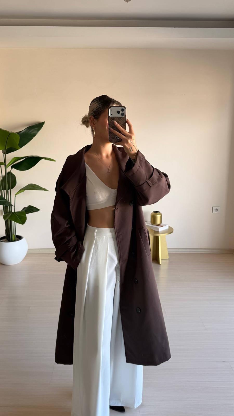 Uzun Oversize Trençkot – Kahverengi