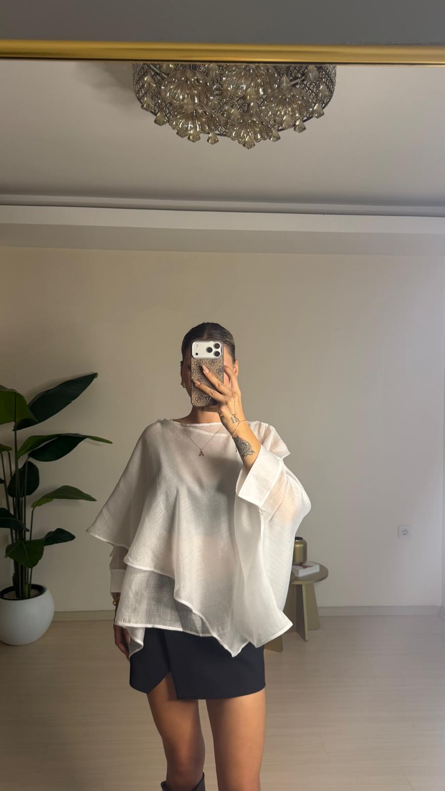 Tencel Pelerin Bluz - Beyaz