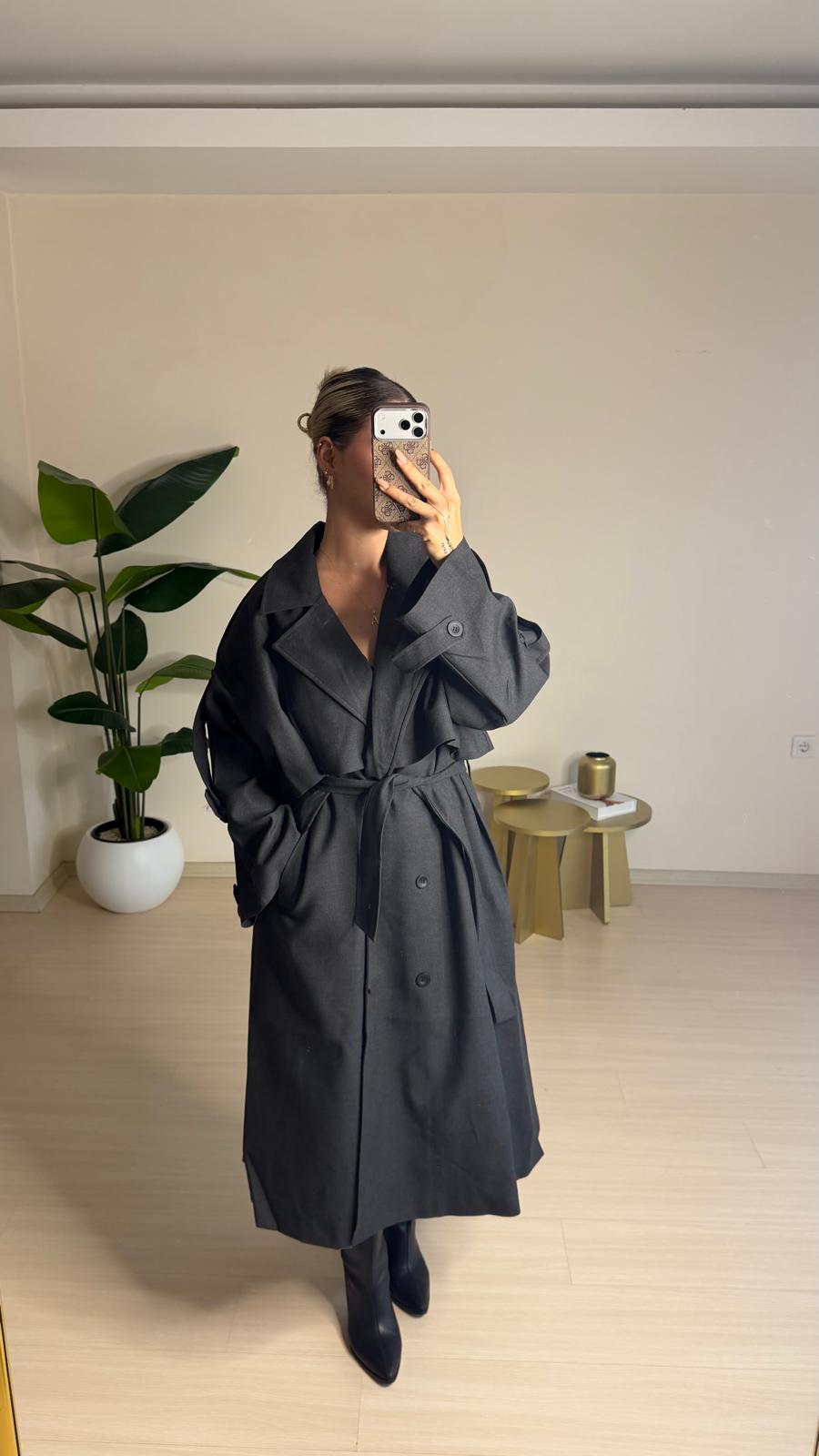 Kuşaklı Uzun Oversize Trençkot – Gri
