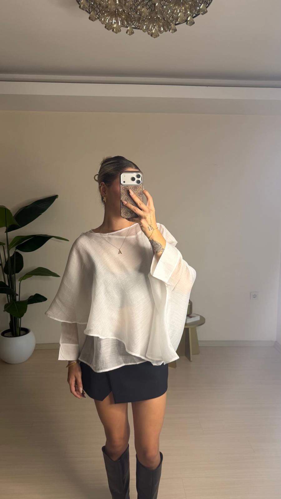 Tencel Pelerin Bluz - Beyaz