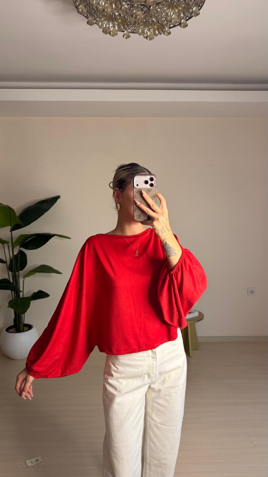 Yarasa Kol Oversize Bluz - Kırmızı