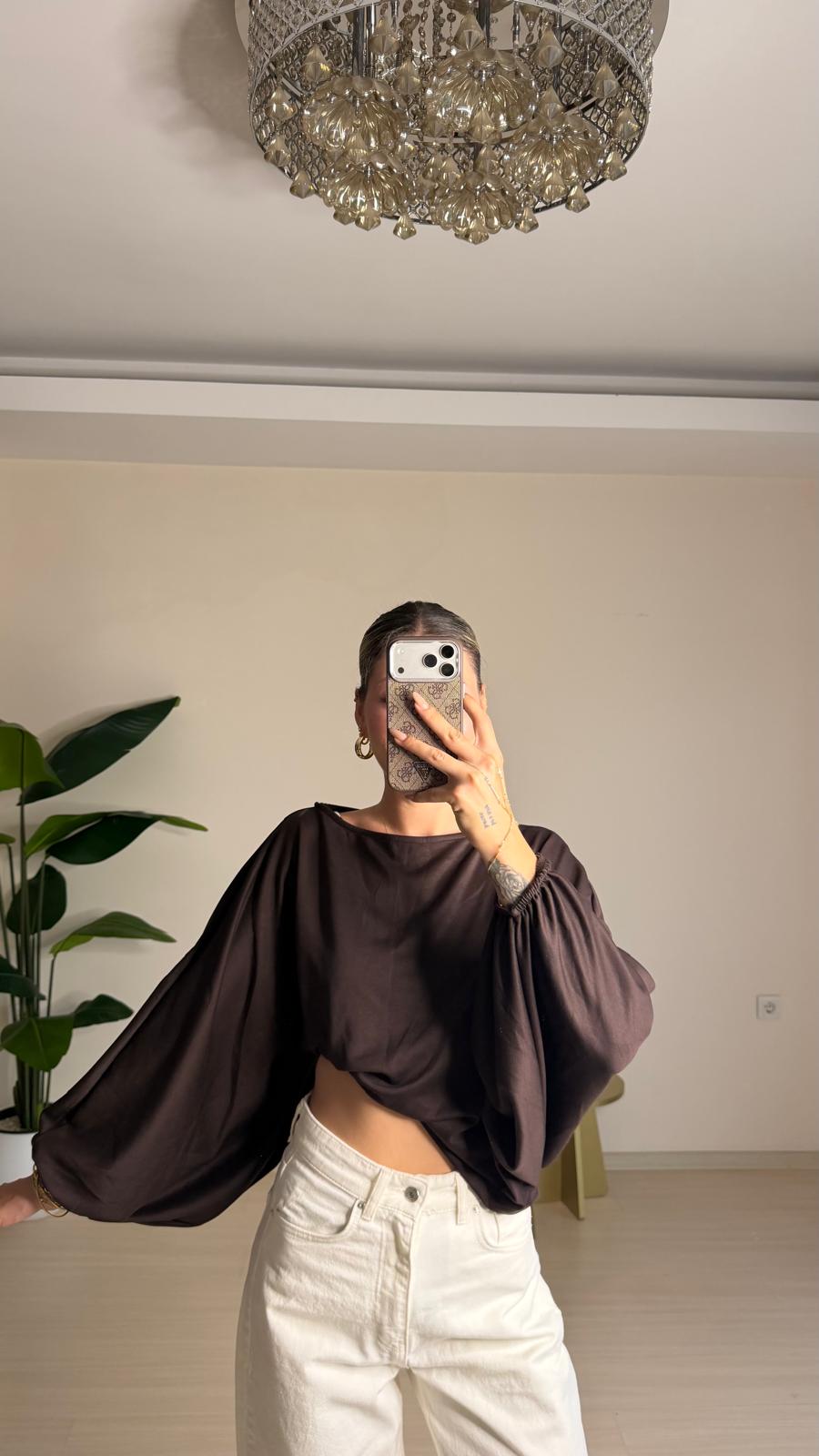 Yarasa Kol Oversize Bluz - Kahverengi
