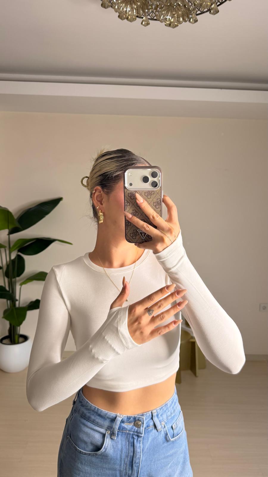 Parmak Geçmeli Uzun Kollu Crop Bluz - Beyaz