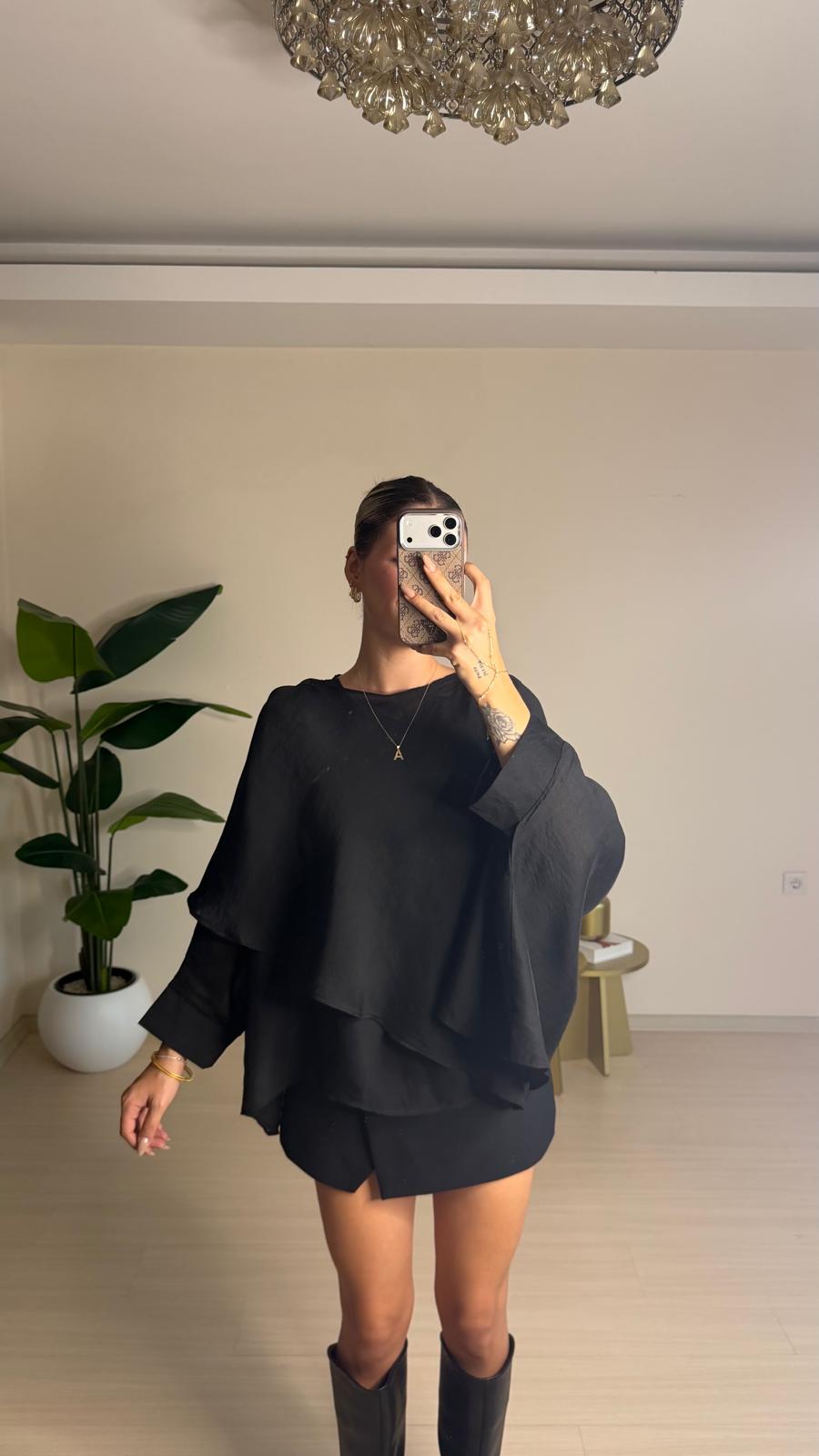 Tencel Pelerin Bluz - Siyah
