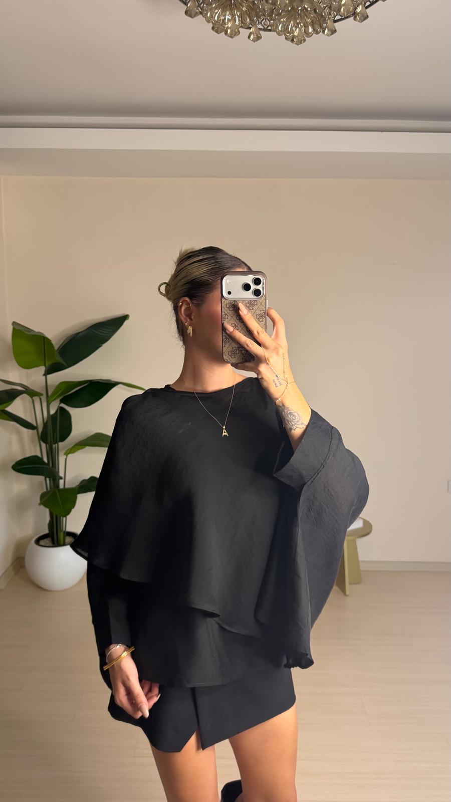 Tencel Pelerin Bluz - Siyah