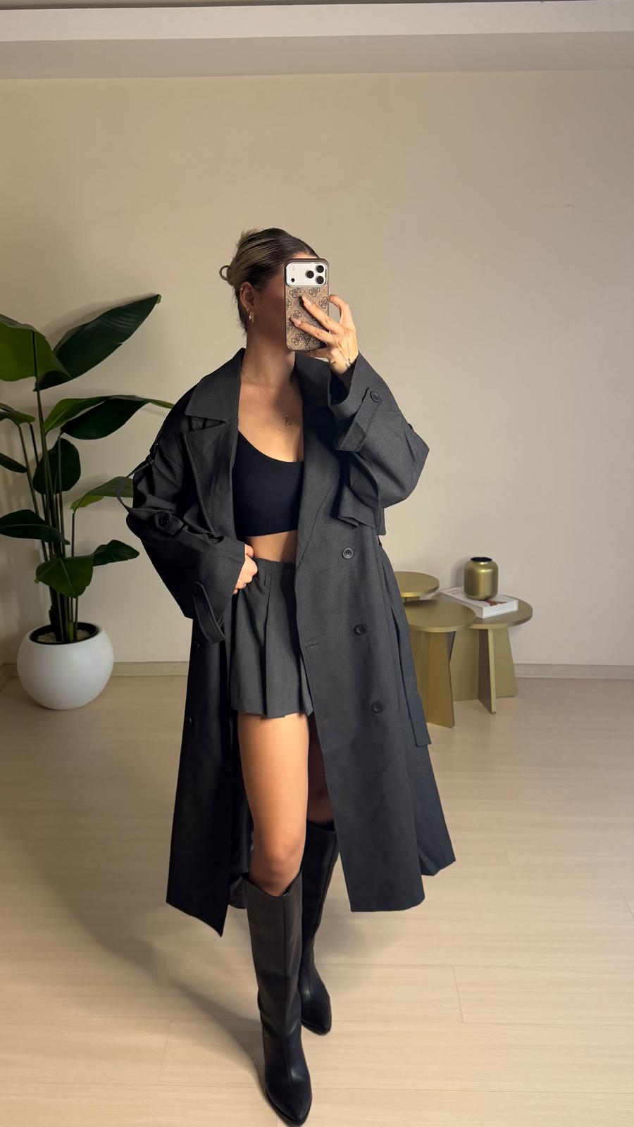 Kuşaklı Uzun Oversize Trençkot – Gri
