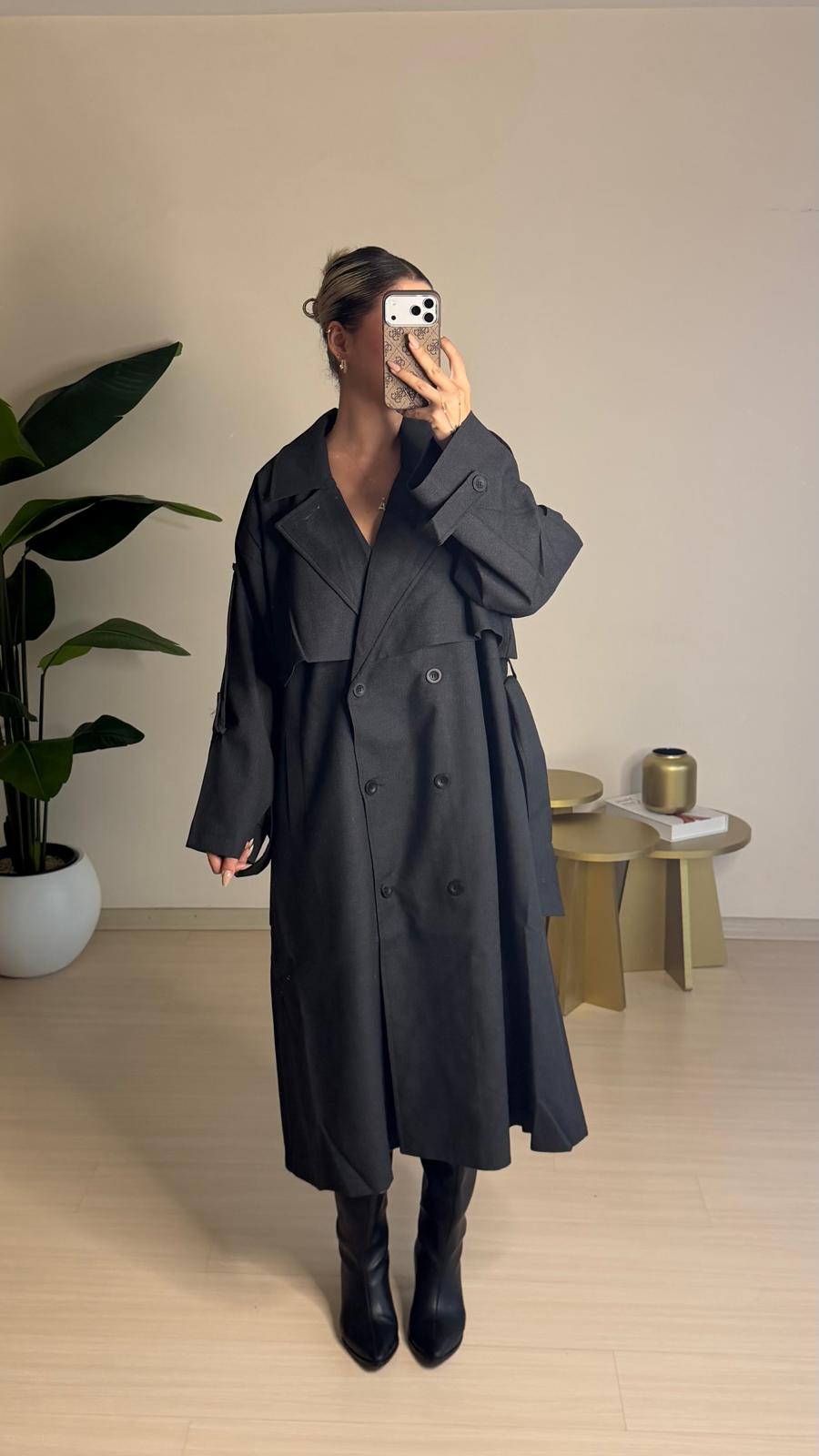 Kuşaklı Uzun Oversize Trençkot – Gri