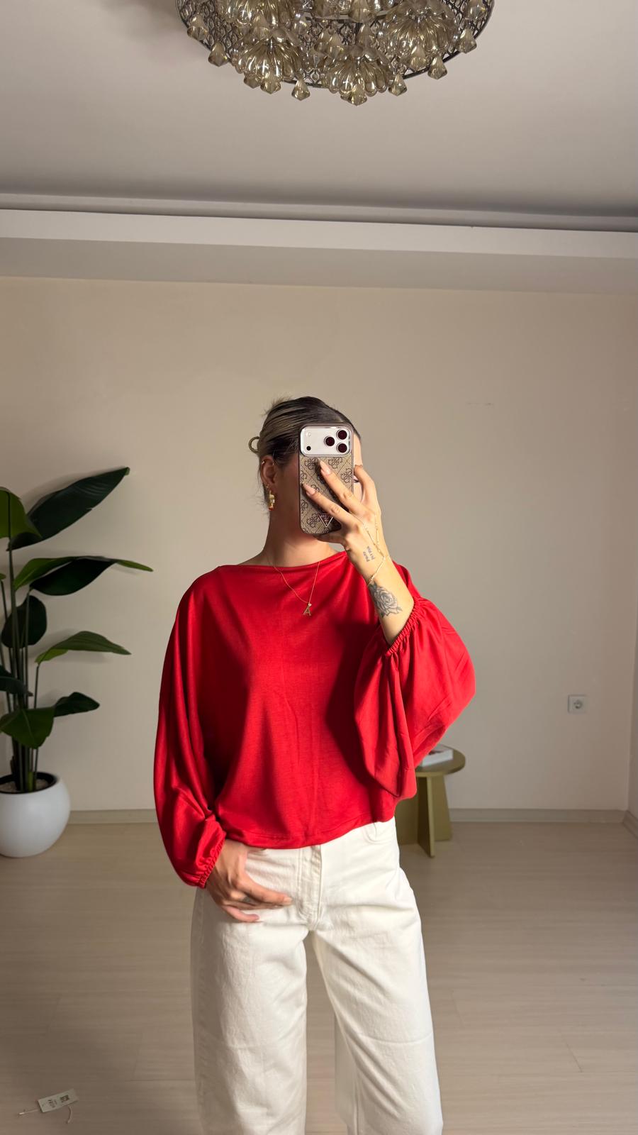 Yarasa Kol Oversize Bluz - Kırmızı