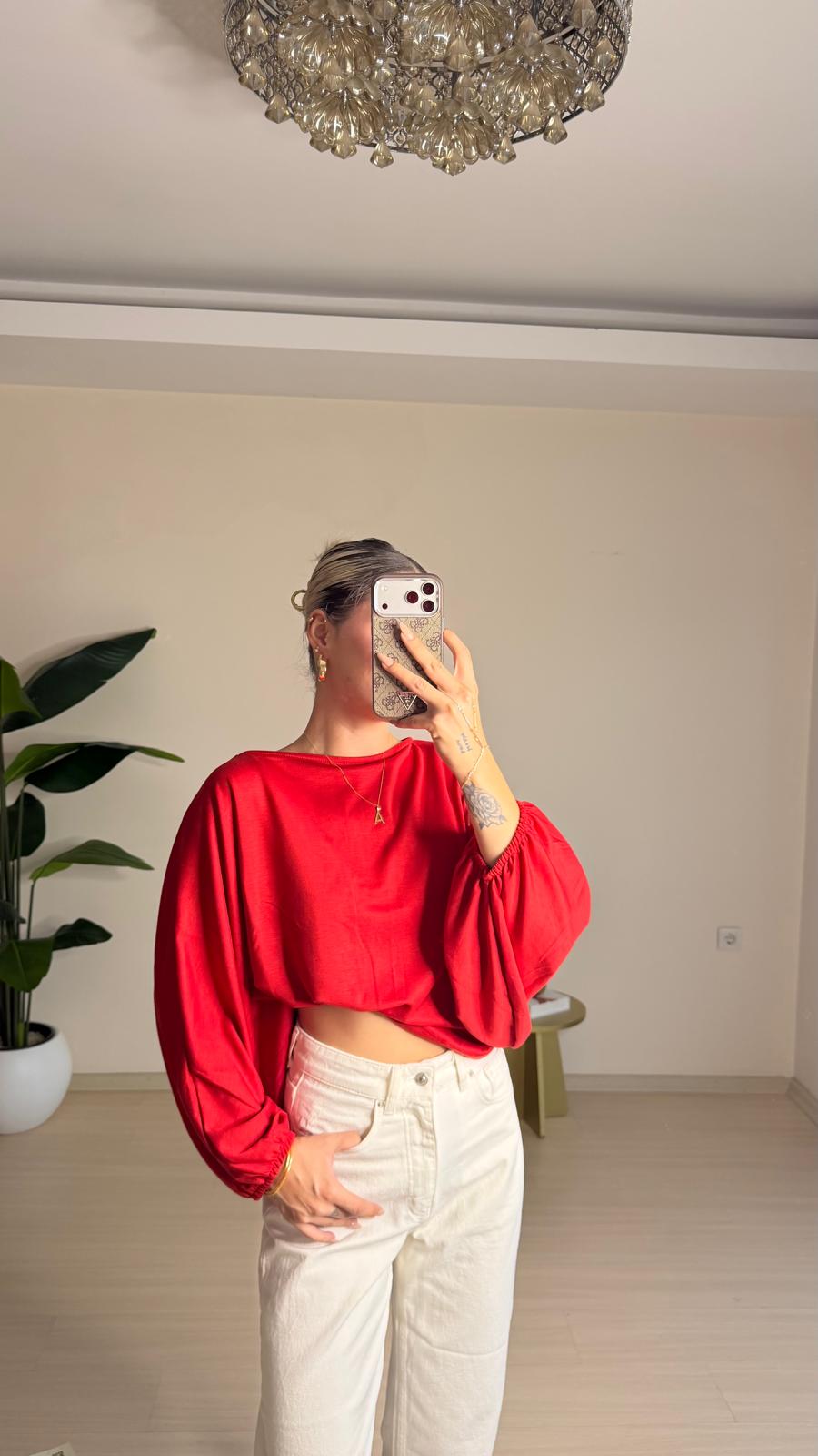 Yarasa Kol Oversize Bluz - Kırmızı