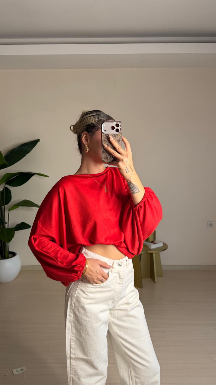 Yarasa Kol Oversize Bluz - Kırmızı