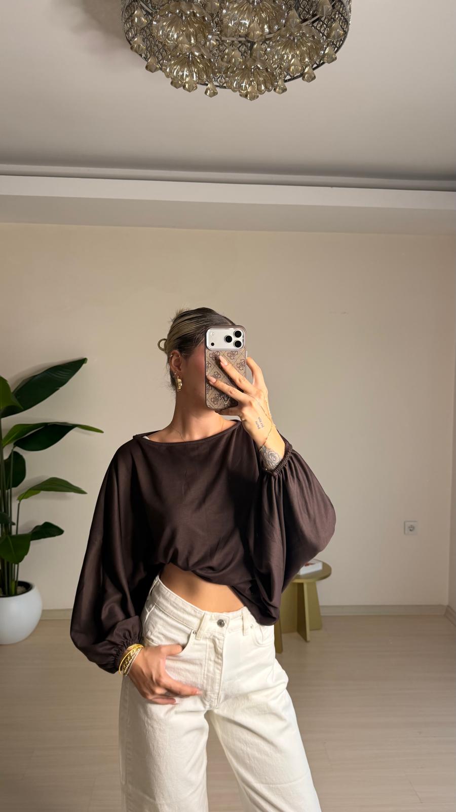 Yarasa Kol Oversize Bluz - Kahverengi