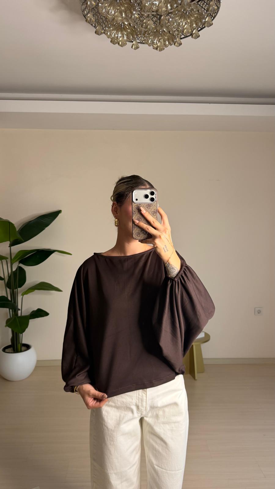 Yarasa Kol Oversize Bluz - Kahverengi