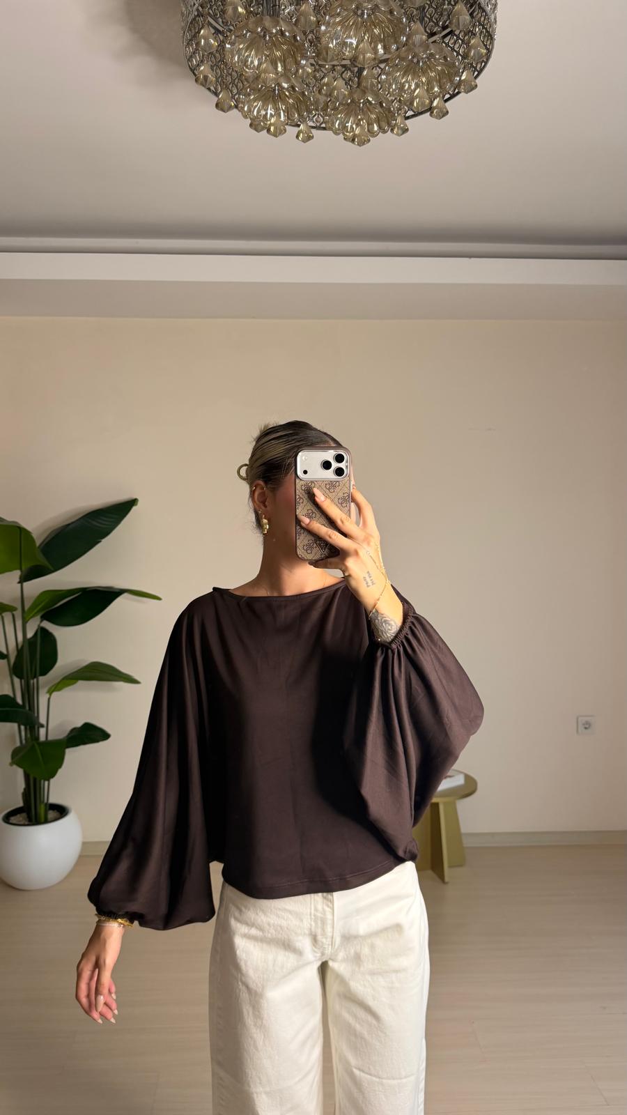 Yarasa Kol Oversize Bluz - Kahverengi