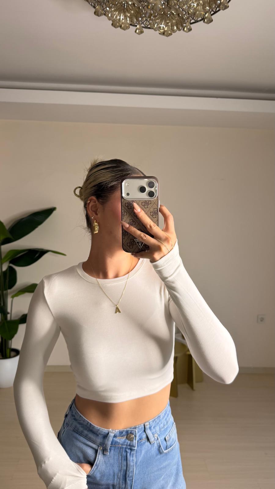 Parmak Geçmeli Uzun Kollu Crop Bluz - Beyaz