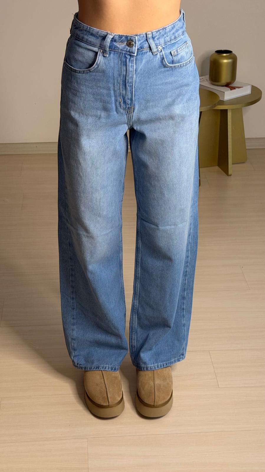 Yüksek Bel Bol Paça Jean Pantolon Mavi