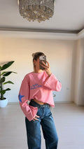 Çizgili Oversize Uzun Kollu Tişört - Pembe