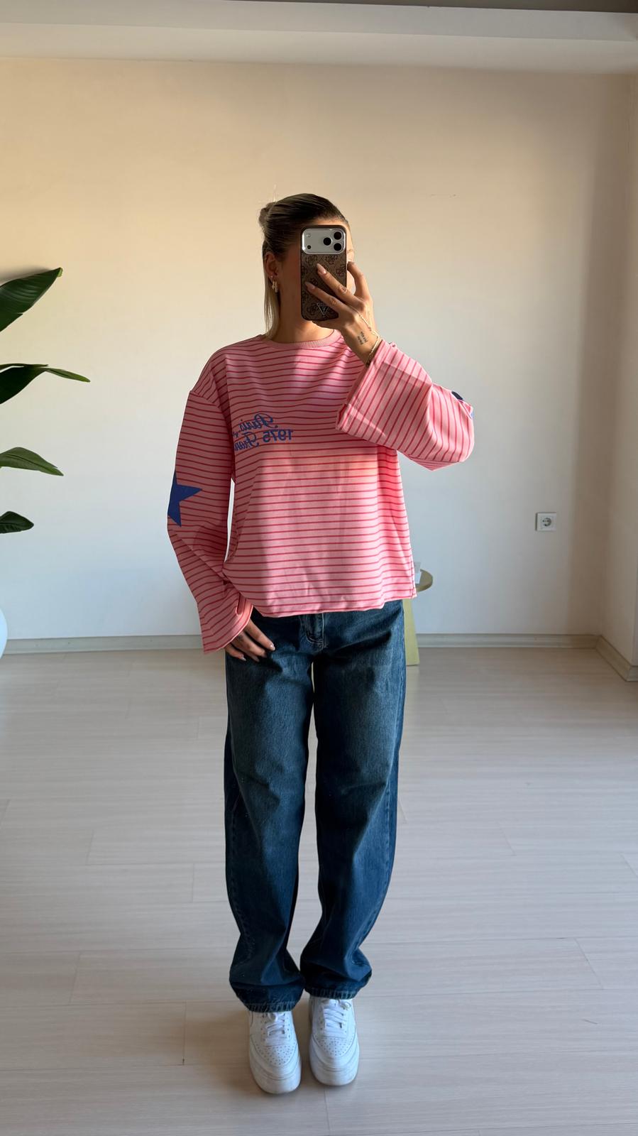 Çizgili Oversize Uzun Kollu Tişört - Pembe