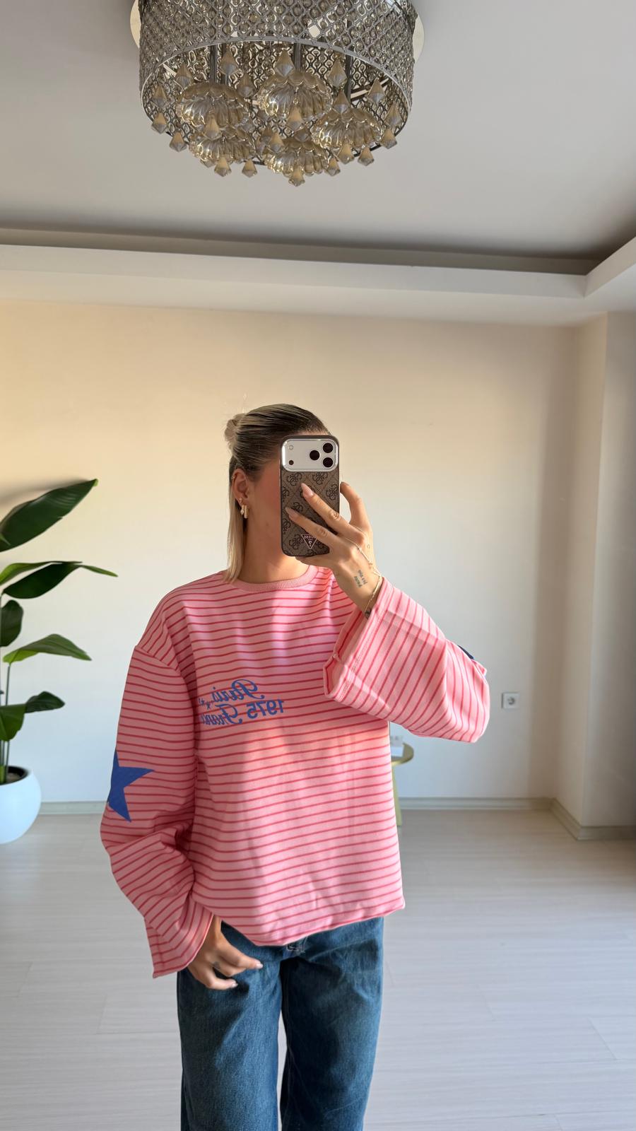 Çizgili Oversize Uzun Kollu Tişört - Pembe