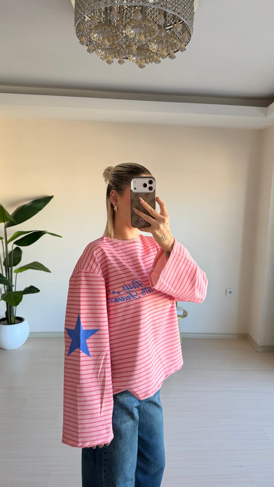 Çizgili Oversize Uzun Kollu Tişört - Pembe